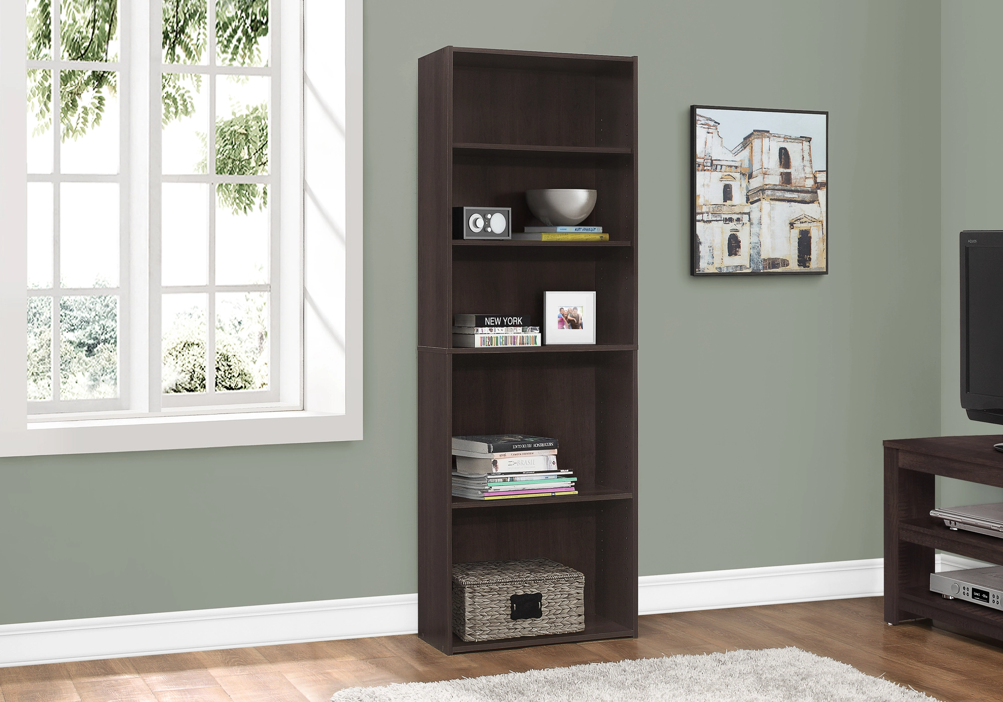 Monarch Specialties Monarch Bookcase With 5 Shelves - Cappuccino - 72-in H - Image 2