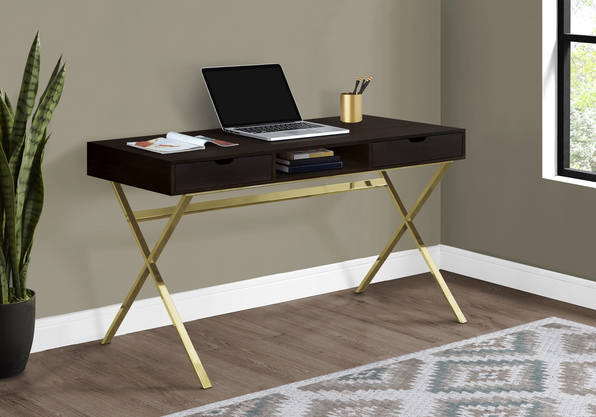 Monarch Specialties Monarch Computer Desk - Cappuccino And Gold Metal - 48-in - Image 5
