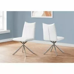 Monarch Specialties Contemporary Faux Leather Upholstered Side Chair, With Metal Frame, White And Chrome, Set Of 2