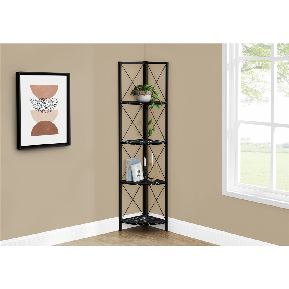 Monarch Specialties Black Faux Marble Metal 4-Shelf Corner Bookcase - Image 4