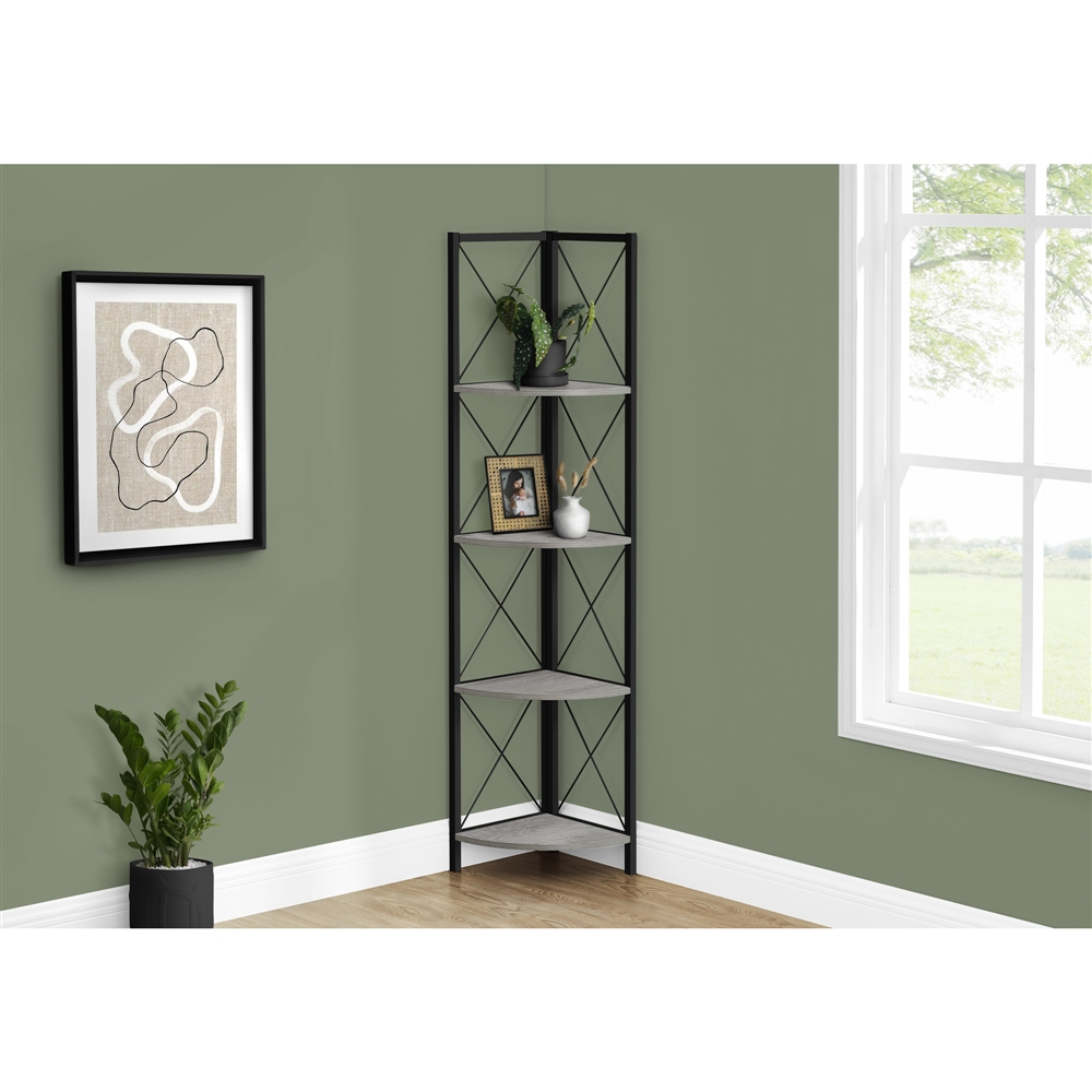 Monarch Specialties Grey Faux Wood Metal 4-Shelf Corner Bookcase - Image 8