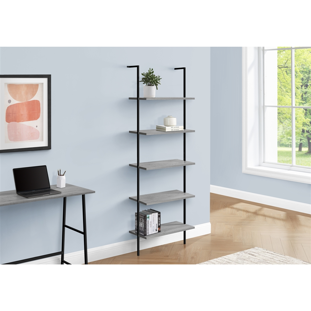Monarch Specialties Grey Faux Wood Metal 5-Shelf Ladder Bookcase
